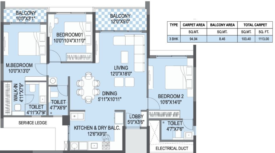 Yashada-EarthSong-FLoor-Plan-3 BHK-1113 Sqft